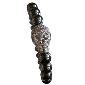 8mm Hematite Stretch Bracelet with Silver Pave Skull Spacer